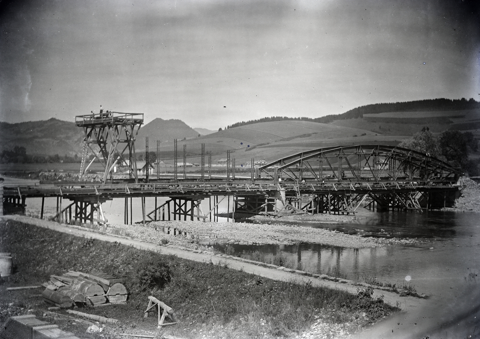 Slovakia, Dolný Kubín, a vasúti híd építése az Árva folyón, a felvétel 1897-ben készült., 1900, Bachler család, bridge building, Fortepan #273963