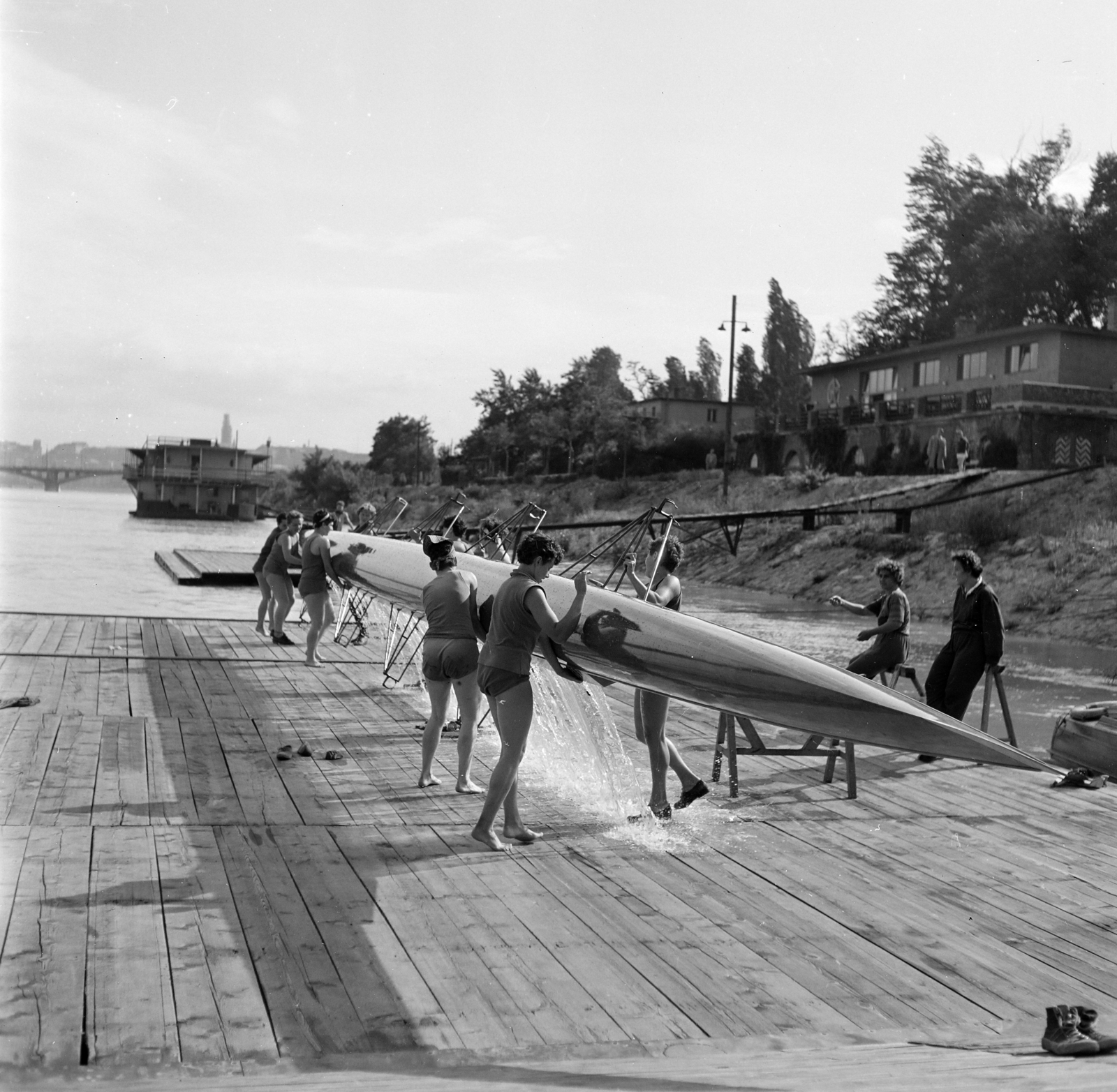 Hungary, Margit Islands, Budapest, a Vörös Meteor evezősház stégje., 1956, Kotnyek Antal, photo aspect ratio: square, ship, pier, Fortepan #274112