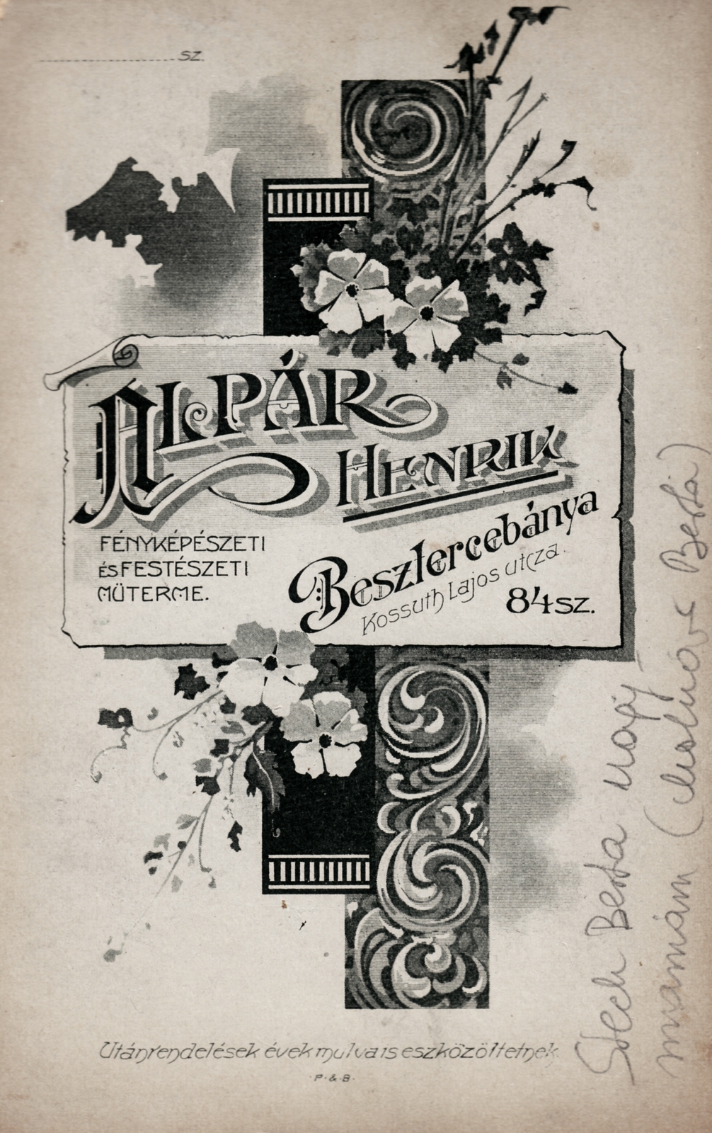 Slovakia, Banská Bystrica, Kossuth Lajos utca 84., Alpár Henrik fényképészeti és festészeti műterme., 1909, Molnár Gyula, verso, photographer, studio, Fortepan #274510