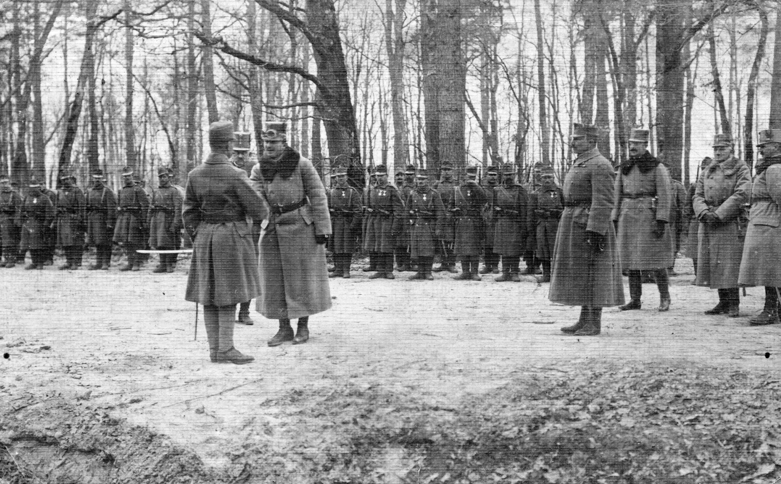 Középen szemben IV. Károly magyar király., 1917, Mészöly Leonóra, celebrity, First World War, woods, military, soldier, handshake, Fortepan #27456