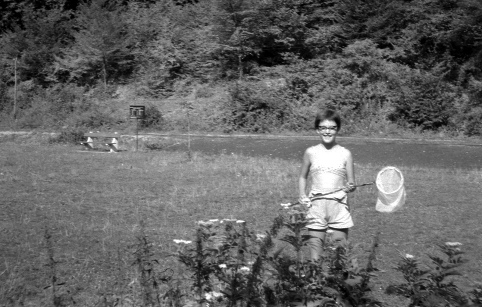 1964, Mészöly Leonóra, bathing suit, smile, glasses, summer, girl, meadow, moth trap, Fortepan #27472