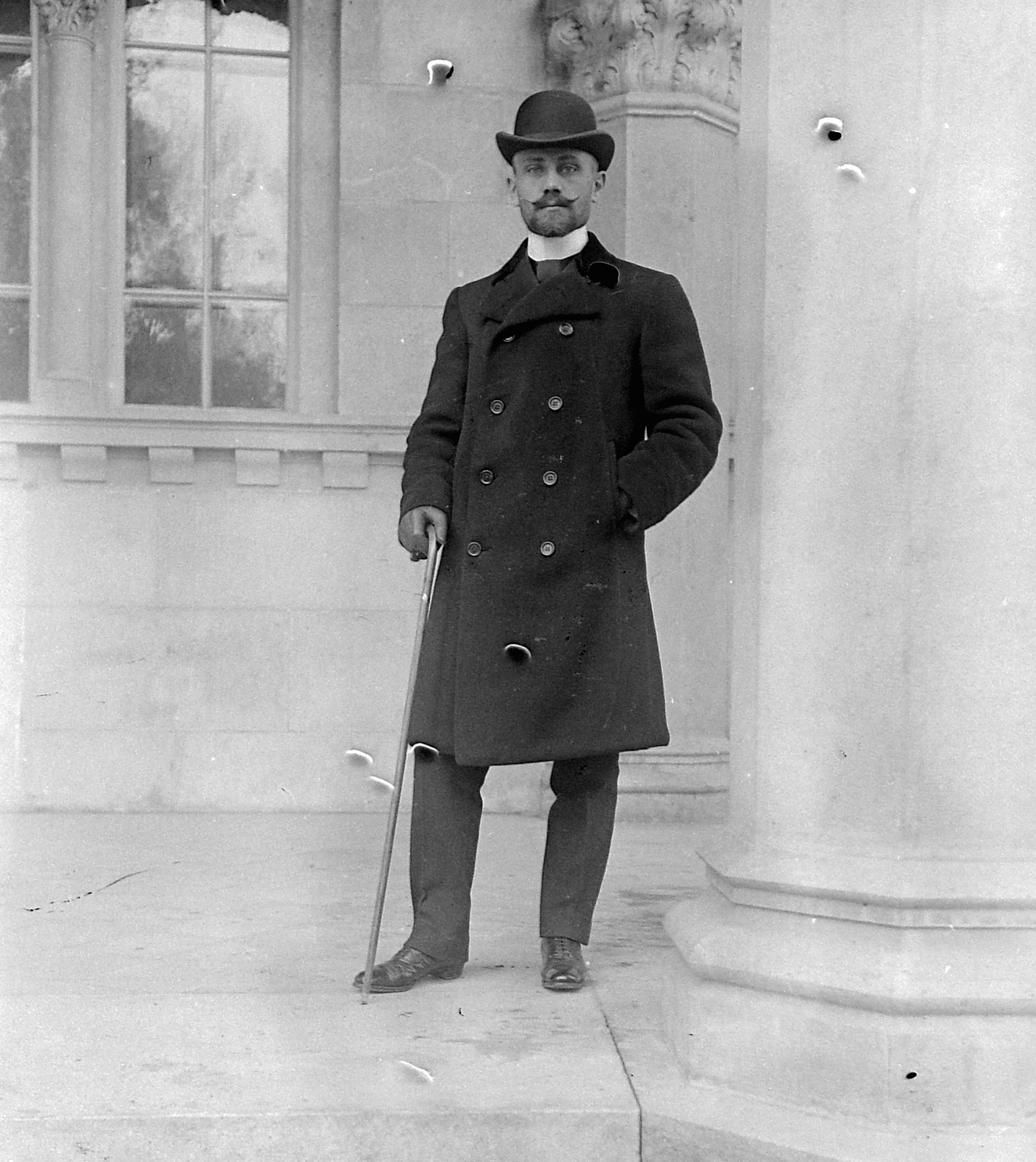 1915, Fortepan, divat, férfi, keménykalap, sétabot, dupla soros kabát, Fortepan #2750
