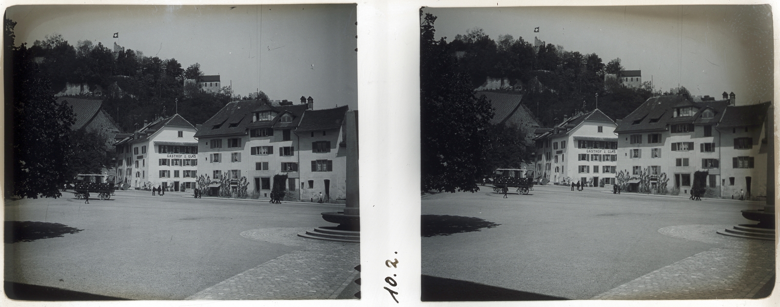 Svájc, Baden, 1910, Schoch Frigyes, zászló, tér, üdülőhely, sztereófotó, Fortepan #27515