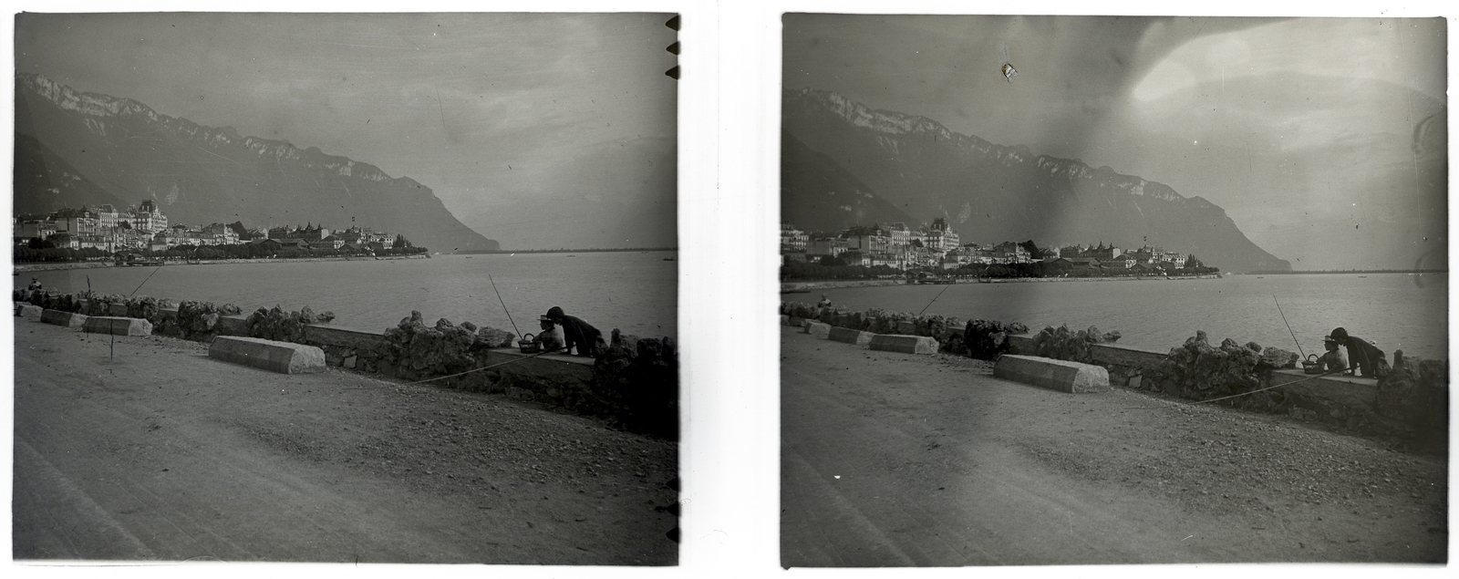 Svájc, Montreux, 1910, Schoch Frigyes, tó, üdülőhely, hegy, sztereófotó, Fortepan #27519