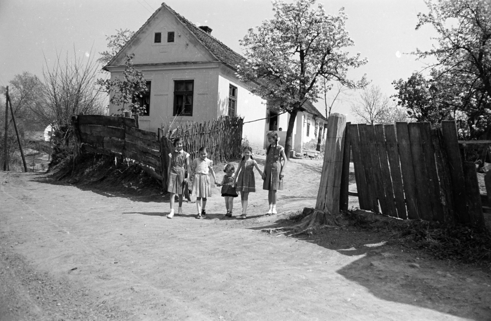Hungary, Dózsa György utca, a felvétel a 23-as számú ház előtt készült., 1958, Hajdú György, girls, dirt road, hold hands, Fortepan #275202
