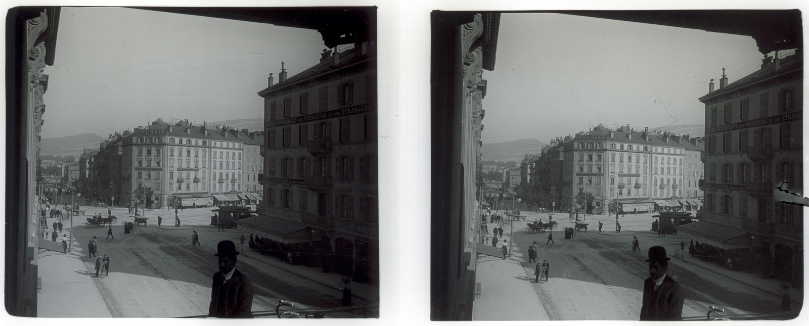Svájc, Genf, Rue du Mont Blanc., 1910, Schoch Frigyes, utcakép, szálloda, keménykalap, sztereófotó, Fortepan #27521