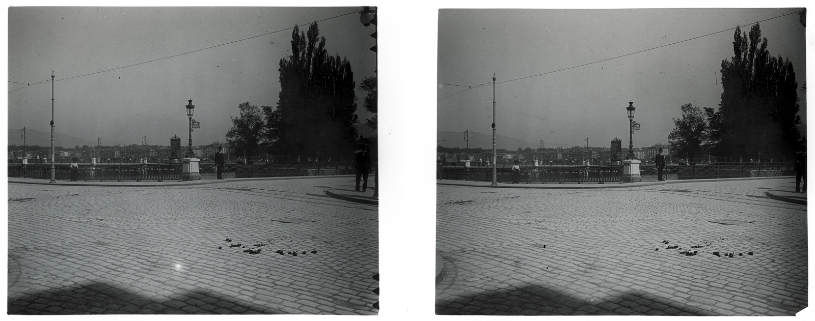 Svájc, Genf, jobbra a Bergues híd és a Rousseau sziget, a háttérben a Mont Blanc híd., 1910, Schoch Frigyes, városkép, kockakő, sztereófotó, Fortepan #27522