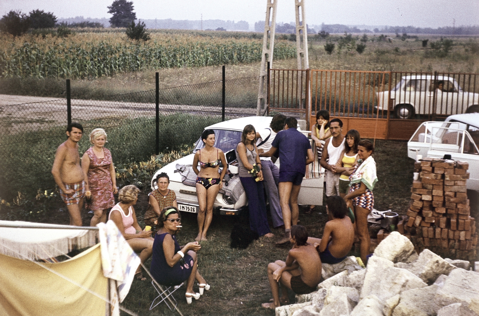 1972, Páldi Vince, Best of, building material, bathing suit, yard, colorful, pressure-cooker, chain-link fence, corn stalk, camping furniture, youth, Trabant-brand, Fortepan #275227