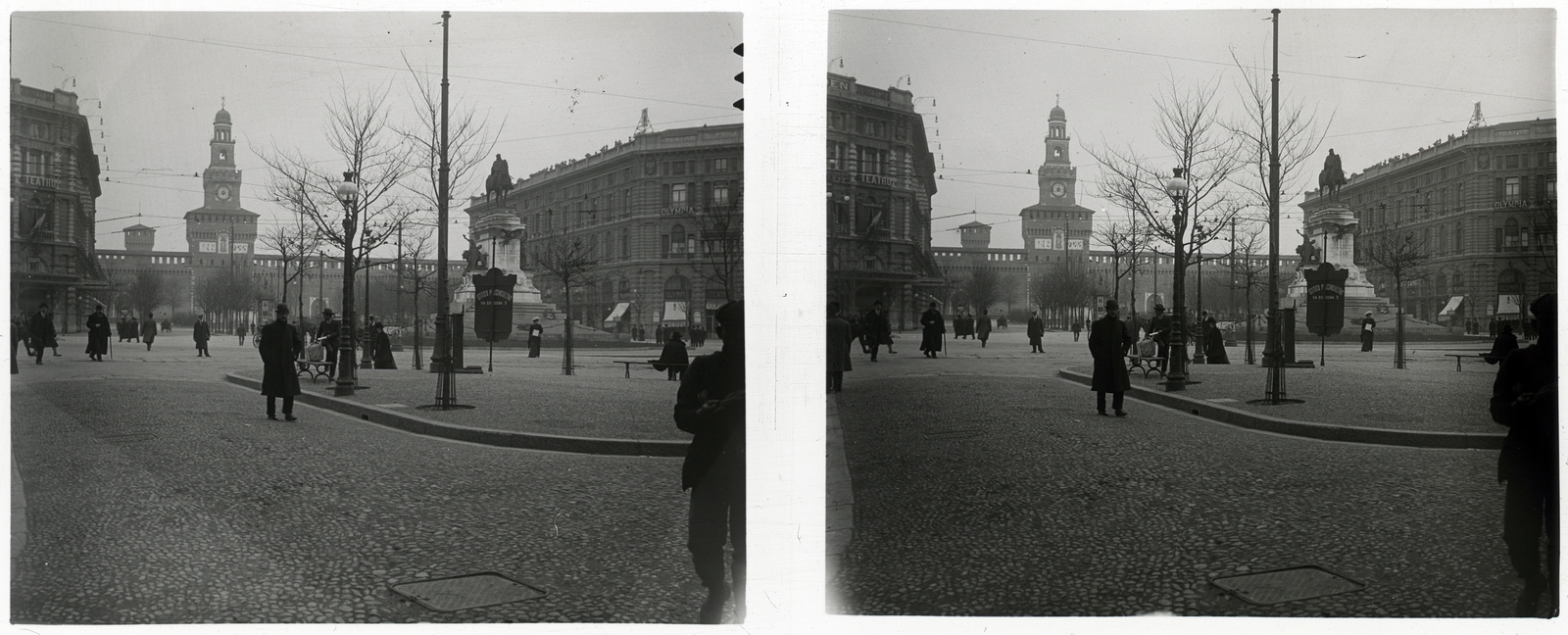 Olaszország, Milánó, Sforza-kastély (Castello Sforzesco), előtte Garibaldi szobra (Monumento a Giuseppe Garibaldi)., 1910, Schoch Frigyes, múzeum, vár, sztereófotó, lovas szobor, galéria, Giuseppe Garibaldi-ábrázolás, Luca Beltrami-terv, Fortepan #27535