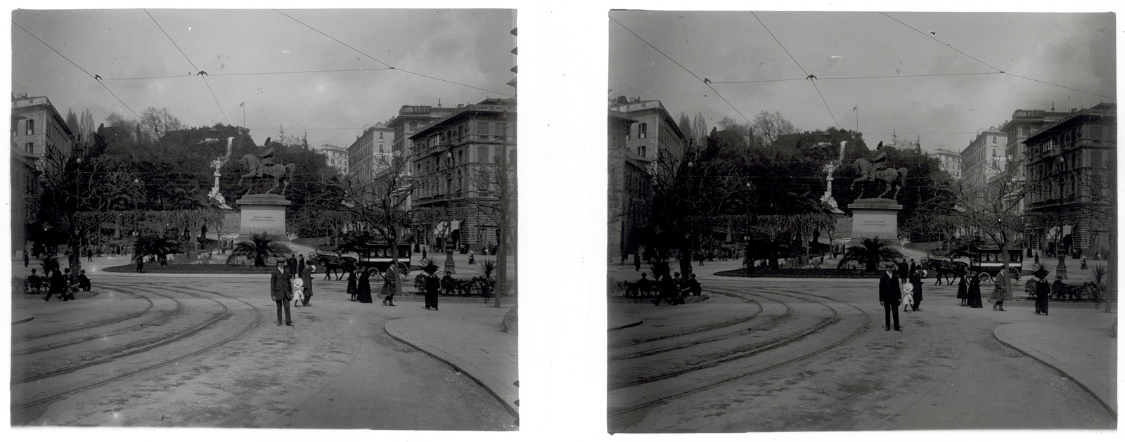 Italy, Genoa, Piazza Corvetto II. Viktor Emánuel emlékművével., 1910, Schoch Frigyes, hat, man, kid, lady, coat, suit, stereophoto, horse sculpture, horse tramway, Victor Emmanuel II-portrayal, Fortepan #27550