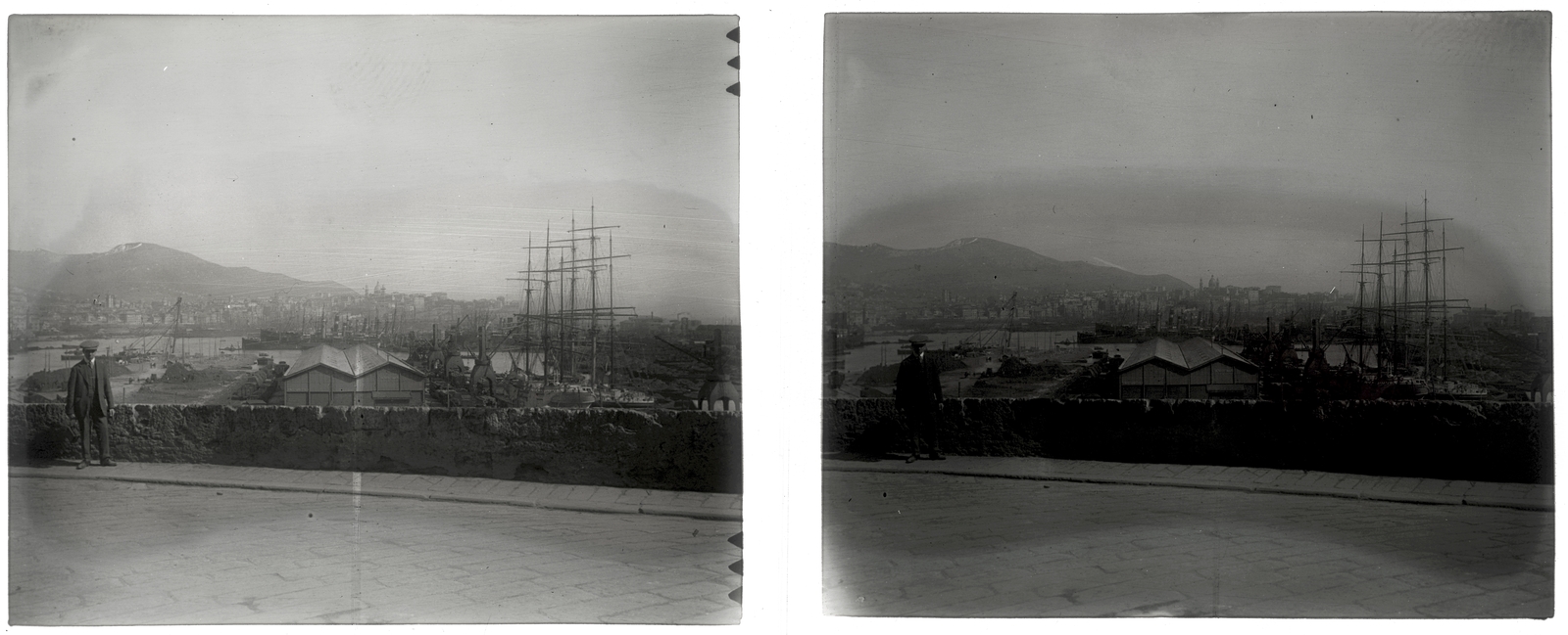 Olaszország, Genova, kikötő a világítótorony felől a Carignano templom felé nézve., 1910, Schoch Frigyes, sapka, férfi, öltöny, sztereófotó, árbóc, Fortepan #27551