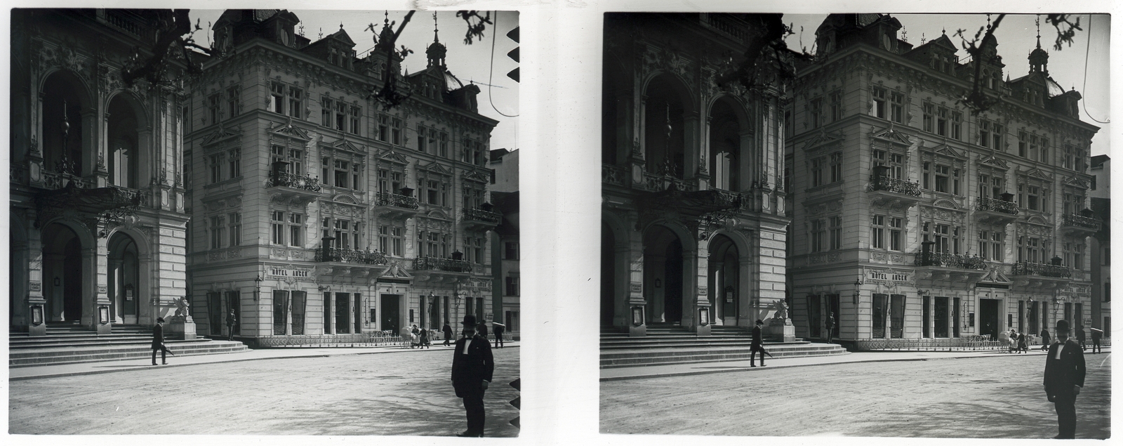 Csehország, Karlovy Vary, balra a színház., 1907, Schoch Frigyes, utcakép, szálloda, színház, Fellner és Helmer-terv, sztereófotó, gyógyszálló, neo-rococo, Fortepan #27576