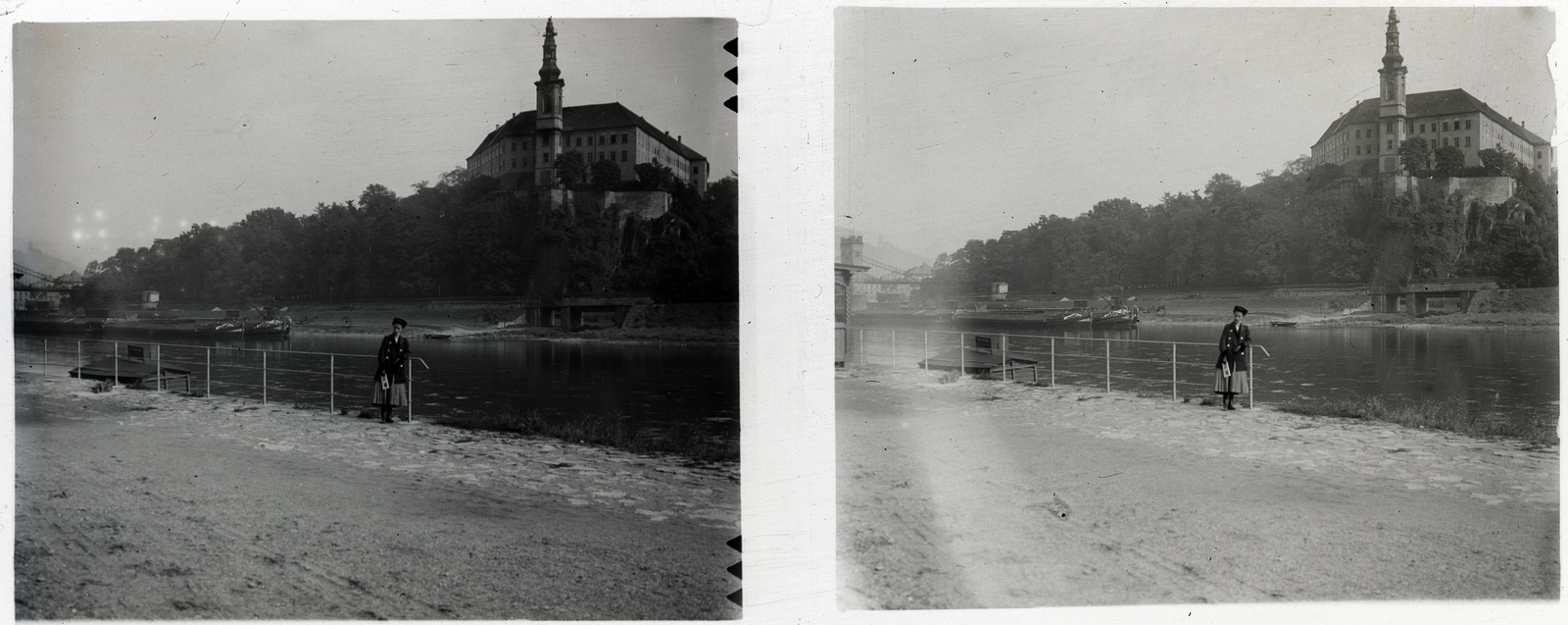 Czech Republik, Děčín, az Elba folyó mellett., 1908, Schoch Frigyes, river, castle, Classicism, stereophoto, National Heritage, Fortepan #27589