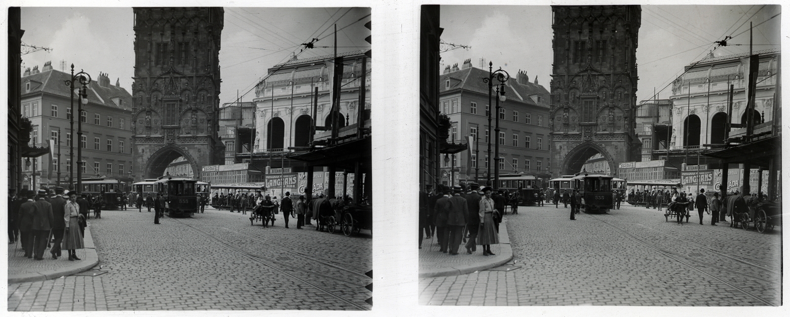 Czech Republik, Prague, Lőportorony., 1908, Schoch Frigyes, flag, Horse-drawn carriage, tram, Secession, lamp post, cobblestones, tower, public building, gothic, stereophoto, gate tower, City gate, public transport, Art Nouveau architecture, Antonín Balšánek-design, Osvald Polívka-design, Josef Mocker-design, Matěj Rejsek-design, pointed arch, Ringhoffer-brand, public transport line number, Fortepan #27591