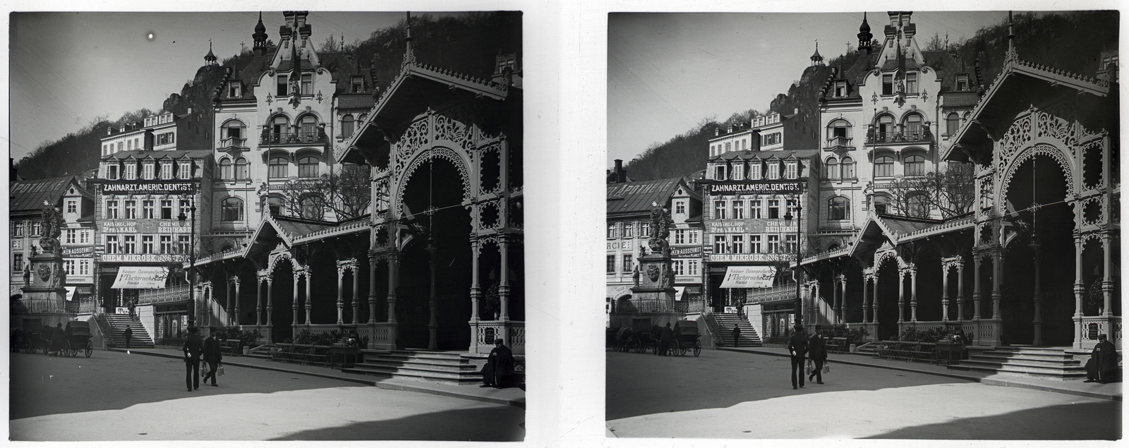 Czech Republik, Karlovy Vary, Piac kolonád., 1908, Schoch Frigyes, Fellner and Helmer-design, stereophoto, wooden structure, colonnade, health resort, Fortepan #27593