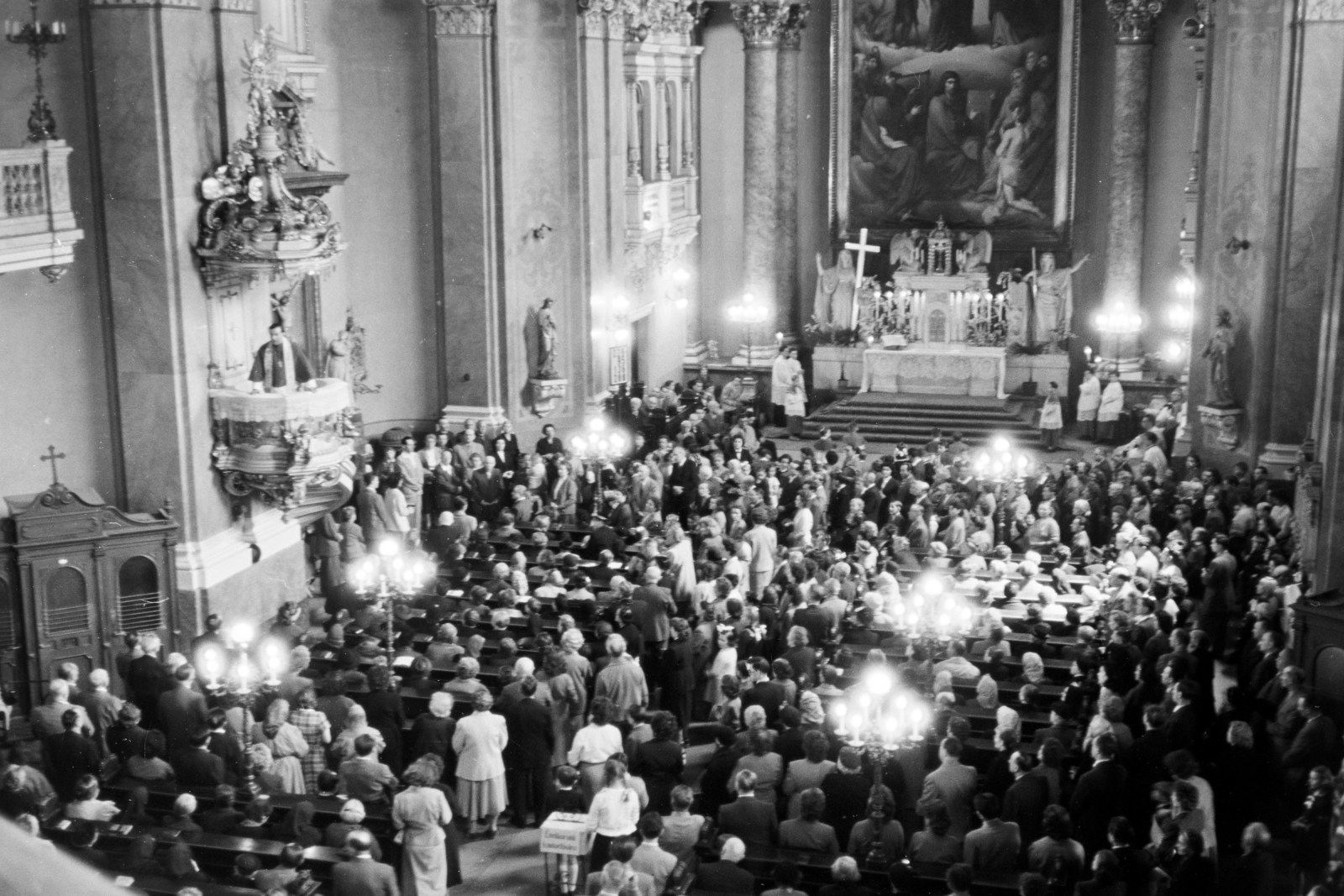 1958, Hámori Gyula, church interior, pulpit, altarpiece, Fortepan #276101