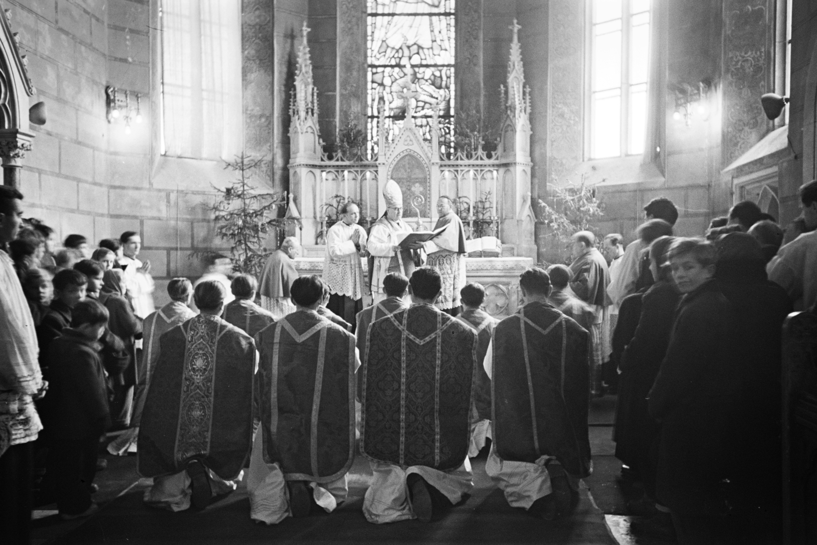 Magyarország, Veszprém, Szentháromság tér, Szent Mihály-székesegyház, a felvétel papok szentelésekor készült., 1954, Hámori Gyula, háttal, papszentelés, térdepel, ornátus, oltár, visszanézés, templombelső, Fortepan #276272