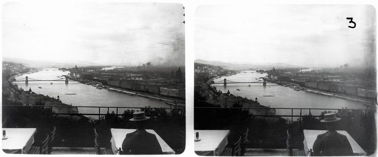 Hungary, Budapest I., KIOSZK, látkép a teraszról., 1904, Schoch Frigyes, bridge, parliament, Danube, stereophoto, Budapest, suspension bridge, William Tierney Clark-design, Fortepan #27628