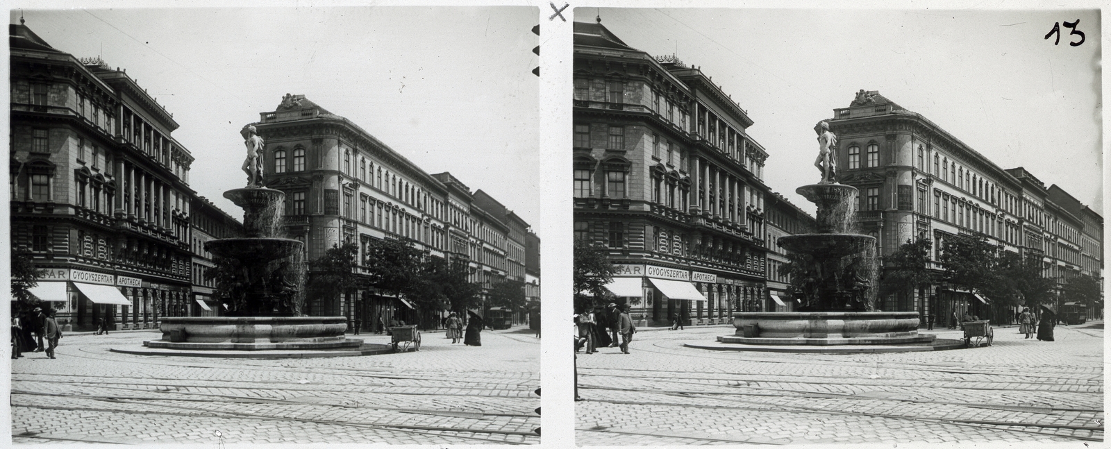 Hungary, Budapest VIII., Kálvin tér, Danubius-kút. Balra Baross utcánál az Első Pesti Hazai Takarékpénztár épülete, jobbra az Üllői út torkolata., 1904, Schoch Frigyes, fountain, tram, pharmacy, stereophoto, Budapest, Fortepan #27635