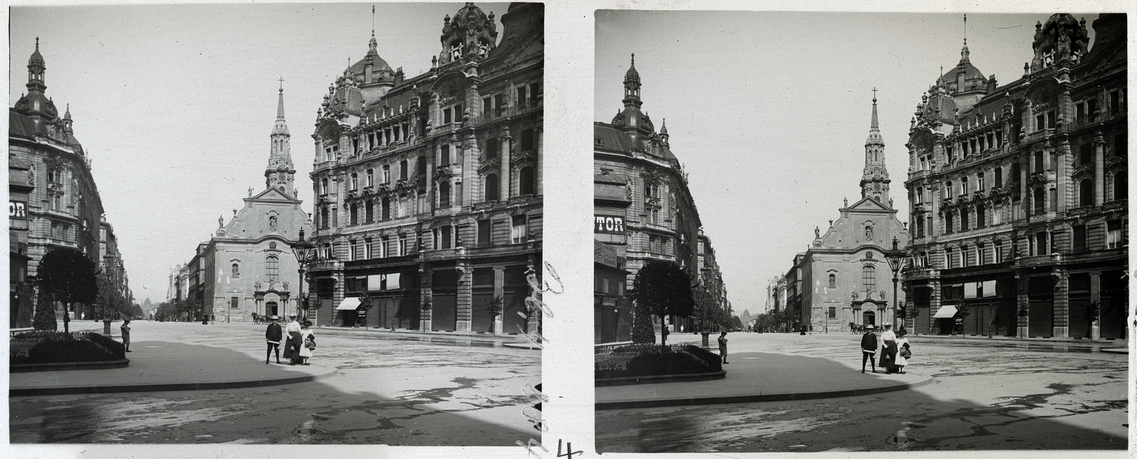 Magyarország, Budapest V., Ferenciek tere (Kígyó tér), szemben a Kossuth Lajos utca és a Belvárosi Ferences templom., 1902, Schoch Frigyes, templom, barokk-stílus, katolikus, sztereófotó, Budapest, Ferences rend, Fortepan #27639