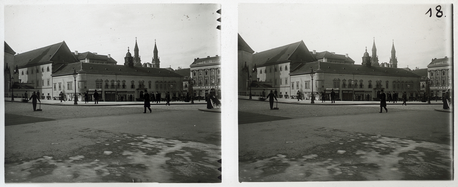 Hungary, Budapest V., Városház tér, háttérben a Duna-parti görög templom tornyai., 1900, Schoch Frigyes, stereophoto, Budapest, Fortepan #27640