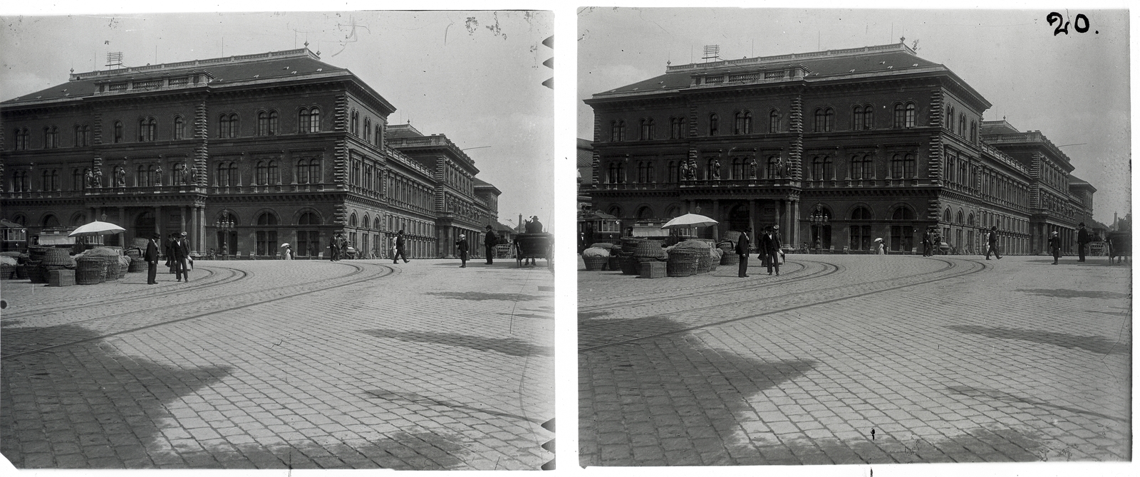 Hungary, Budapest IX., Fővám tér, szemben a Fővámpalota (Ybl Miklós, 1874.)., 1900, Schoch Frigyes, architectural heritage, architecture, Renaissance Revival, historicism, Miklós Ybl-design, basket, stereophoto, Budapest, Fortepan #27642