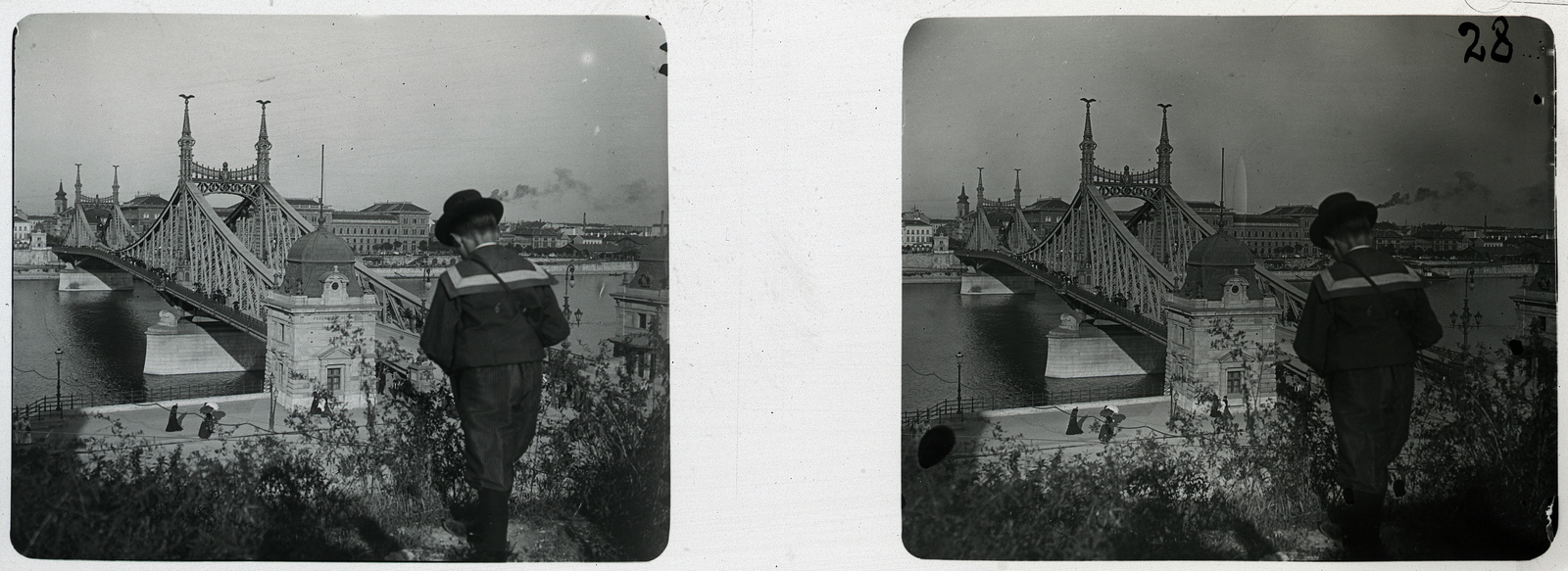 Magyarország, Budapest XI., Szabadság (Ferenc József) híd a Gellérthegyről nézve., 1900, Schoch Frigyes, híd, gyerek, sztereófotó, Budapest, Feketeházy János-terv, hídfő, kalap, matróz ruha, Fortepan #27650