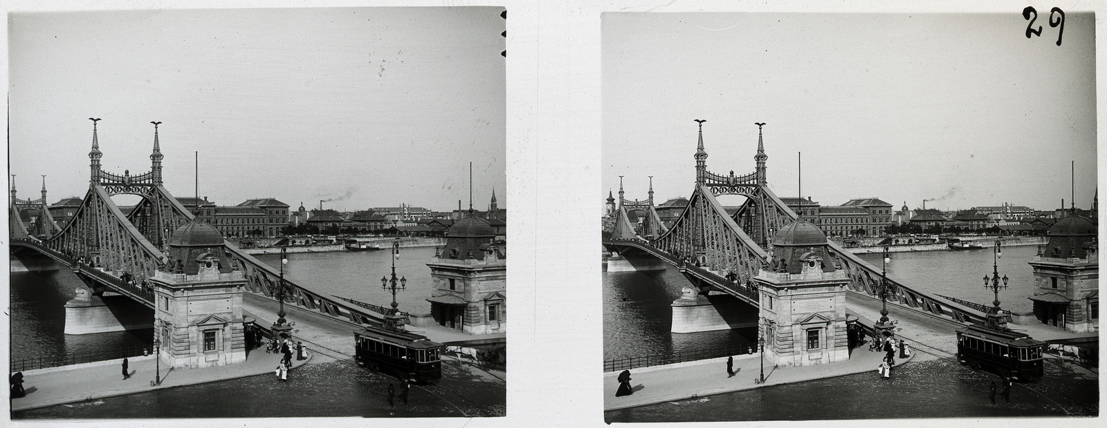 Hungary, Budapest XI., Szent Gellért tér, Szabadság (Ferenc József) híd budai hídfő., 1900, Schoch Frigyes, bridge, tram, stereophoto, Budapest, János Feketeházy-design, Danube, Fortepan #27651