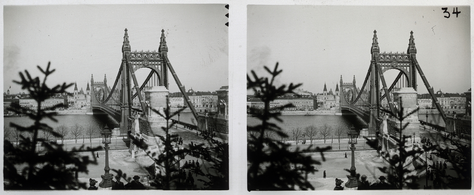 Magyarország, Budapest I., Erzsébet híd, szemben a pesti hídfőnél a Belvárosi templom., 1904, Schoch Frigyes, híd, Duna, sztereófotó, eklektikus építészet, Budapest, függőhíd, Kherndl Antal-terv, Czekelius Aurél-terv, Fortepan #27655