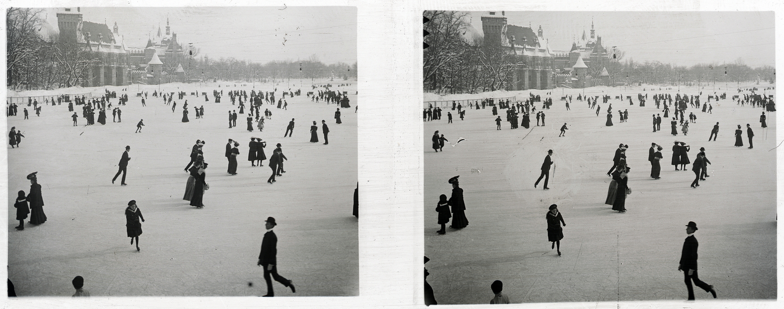 Magyarország, Városliget, Budapest XIV., jégpálya a Városligeti-tavon, háttérben a Vajdahunyad vára., 1907, Schoch Frigyes, sport, kastély, tél, korcsolyázás, Alpár Ignác-terv, sztereófotó, eklektikus építészet, Budapest, Best of, Fortepan #27662