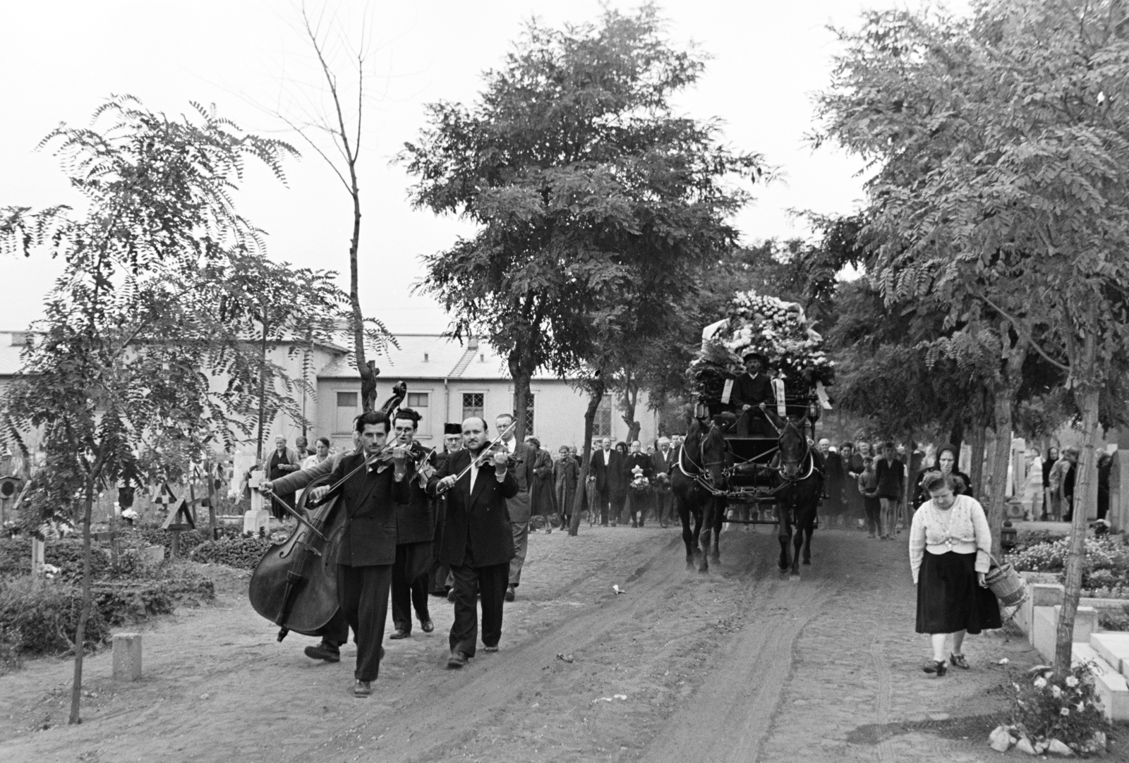 1954, Hámori Gyula, band, Gypsy music, mourning coach, funeral procession, funeral, Fortepan #276639