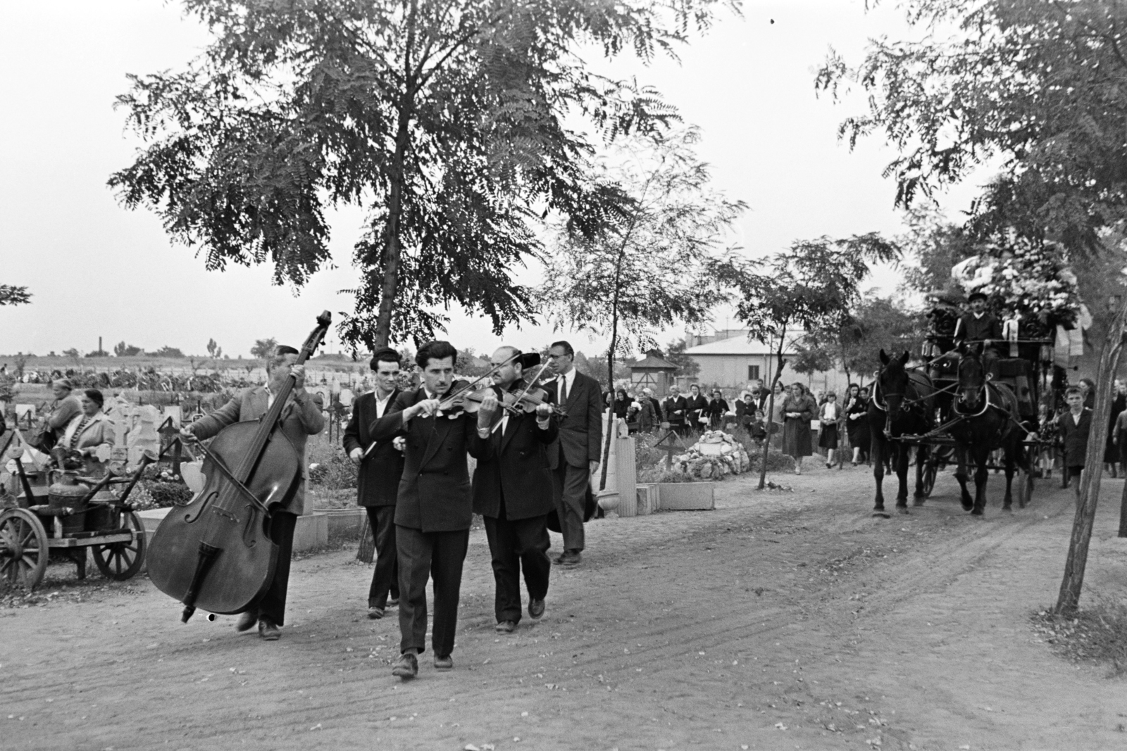 1954, Hámori Gyula, Best of, band, Gypsy music, mourning coach, funeral, cemetery, Fortepan #276640