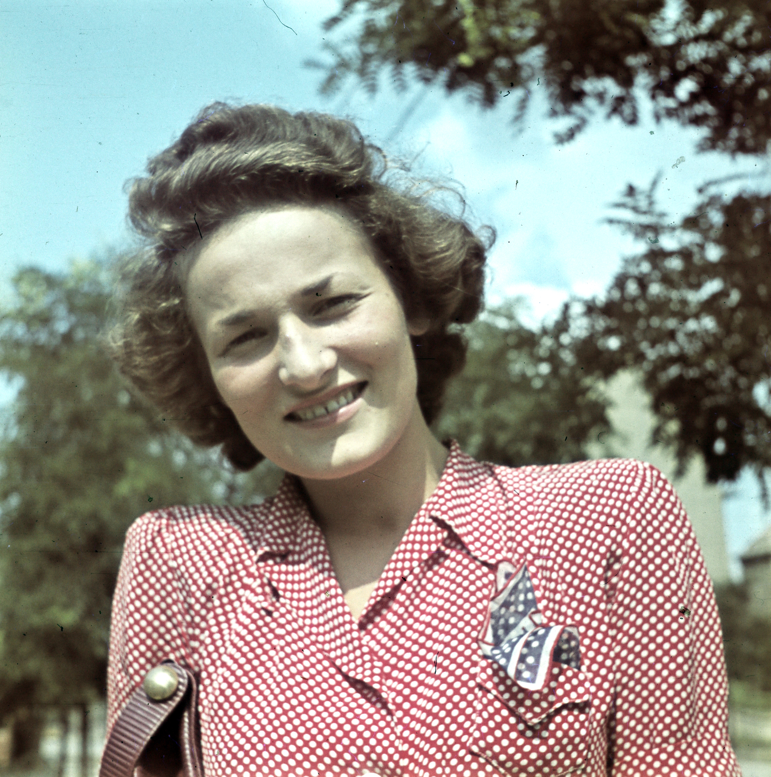 1941, Koncz Nándor, dotted dress, woman, hairdo, colorful, handkerchief, Fortepan #276729