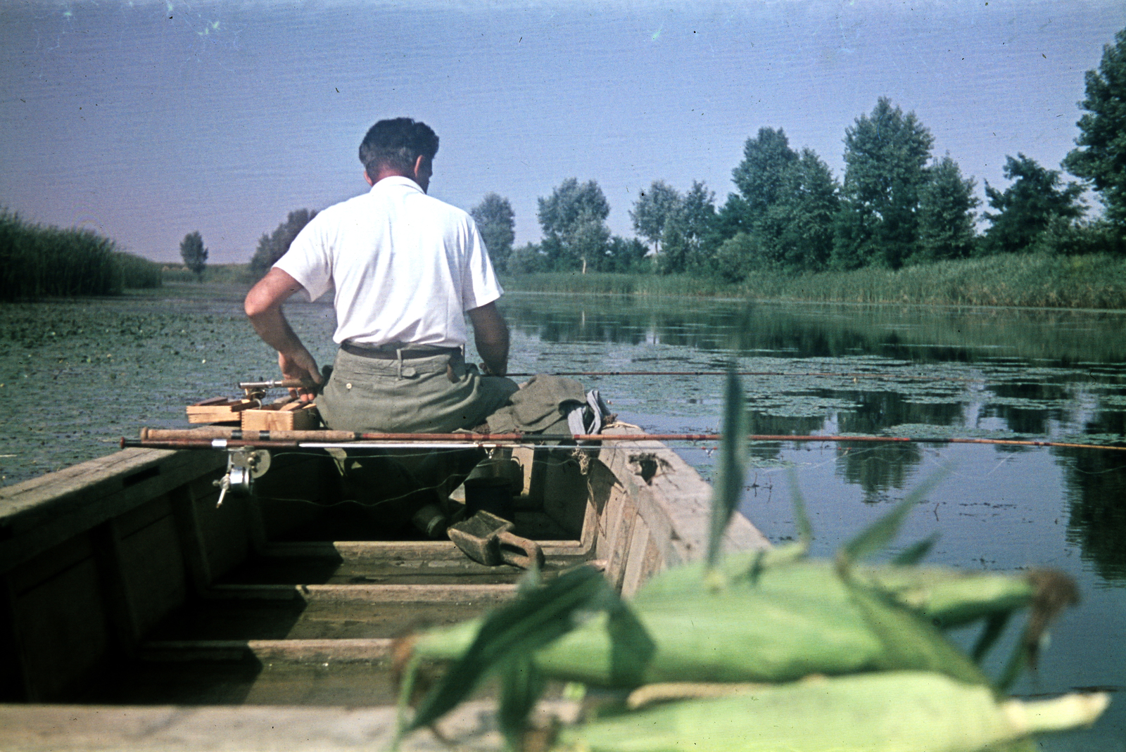 1941, Koncz Nándor, boat, wood, lake, colorful, fishing rod, corn, water, fishing, Fortepan #276738