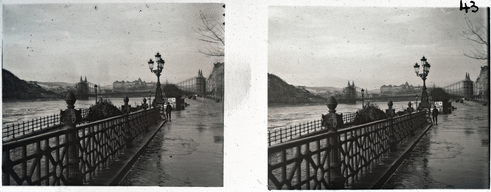 Magyarország, Budapest V., Belgrád (Ferenc József) rakpart. Látkép az Erzsébet híd felé., 1903, Schoch Frigyes, tél, hídépítés, Duna, sztereófotó, eklektikus építészet, Budapest, függőhíd, Duna-híd, Kherndl Antal-terv, Czekelius Aurél-terv, árvíz, Fortepan #27680