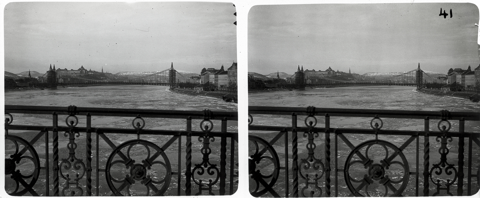 Hungary, Budapest, Szabadság (Ferenc József) híd, látkép az Erzsébet híd felé., 1903, Schoch Frigyes, winter, bridge building, Danube, ice breaking, stereophoto, eclectic architecture, suspension bridge, Duna-bridge, Antal Kherndl-design, Aurél Czekelius-design, Fortepan #27681