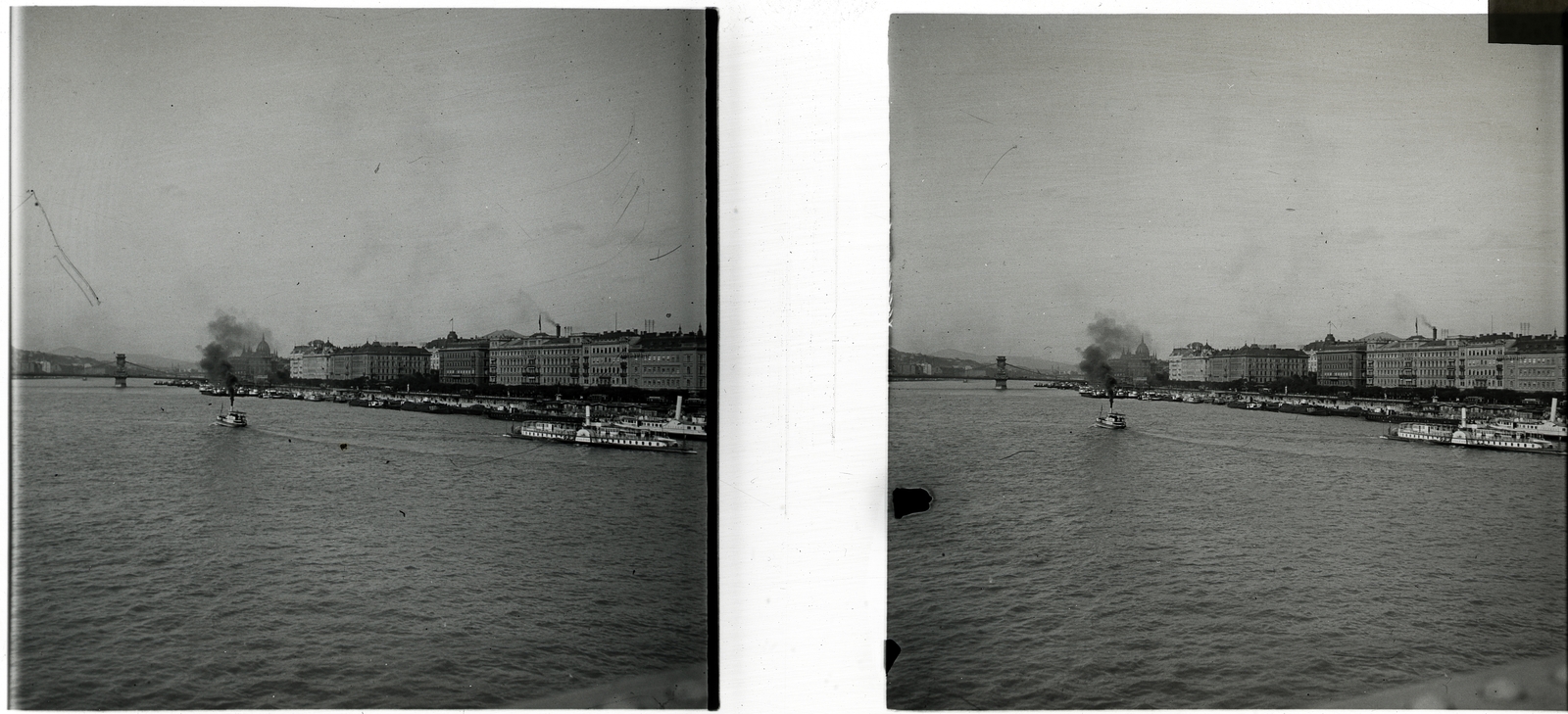 Magyarország, Budapest V., Pesti szállodasor az Erzsébet hídról nézve., 1907, Schoch Frigyes, hajó, füst, gőzhajó, lapátkerekes hajó, sztereófotó, Strossmayer/Fecske hajó, Budapest, Fortepan #27687