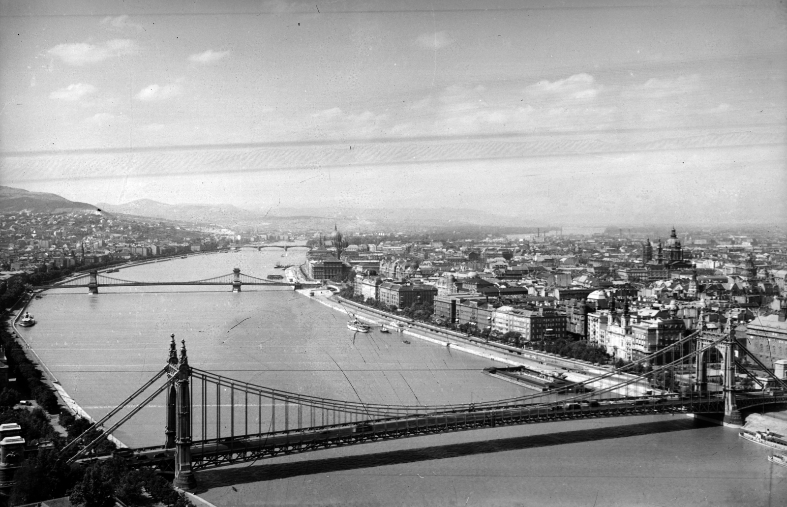 Hungary, Budapest I.,Budapest V., kilátás a Gellért-hegyről az Erzsébet híd, a Széchenyi Lánchíd és a pesti Belváros felé., 1941, Korner Veronika, picture, Budapest, Fortepan #276875