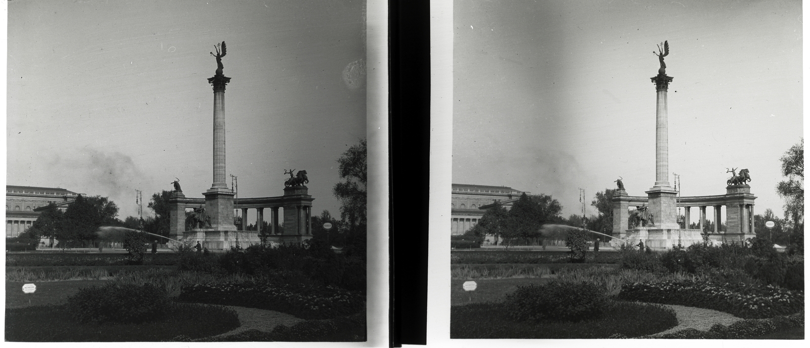 Hungary, Budapest XIV., Millenniumi emlékmű a későbbi Hősök terén., 1914, Schoch Frigyes, square, stereophoto, horse sculpture, hosing, Budapest, sculptural group, Árpád-portrayal, Archangel Gabriel-portrayal, Fortepan #27700