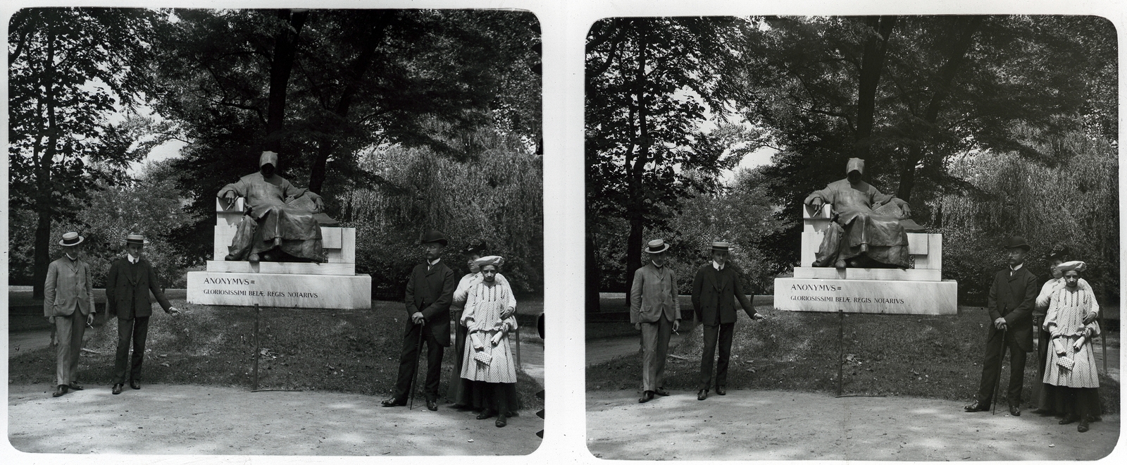 Magyarország, Városliget, Budapest XIV., Anonymus szobra (Ligeti Miklós, 1903.)., 1907, Schoch Frigyes, szobor, emlékmű, sztereófotó, Budapest, Anonymus-ábrázolás, Fortepan #27704