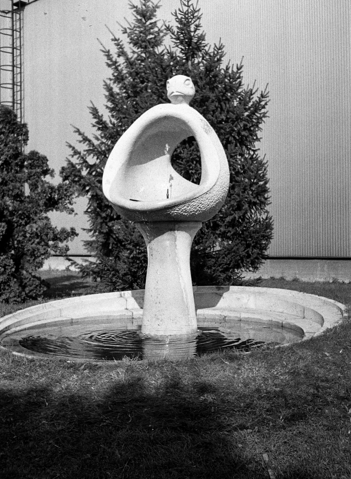 Magyarország, Budapest X., Albertirsai (Dobi István) úti vásárterület. Békakirályné, a kútszobor Ilosfai József szobrászművész alkotása (1977)., 1983, Obetkó Miklós, modern művészet, szökőkút, Budapest, Fortepan #277589