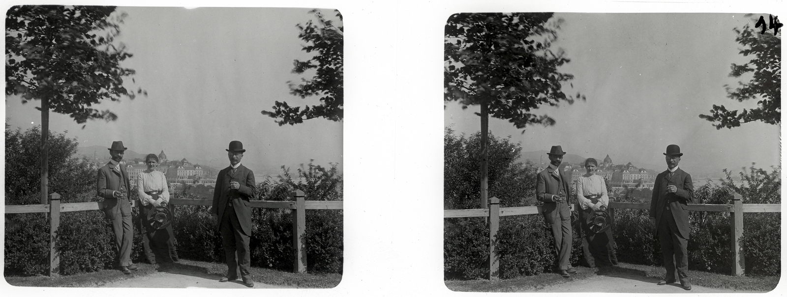 Hungary, Budapest I., nyaraló a Bérc utca környékén, háttérben a budai Vár., 1901, Schoch Frigyes, bowler hat, holiday house, stereophoto, Budapest, Fortepan #27765