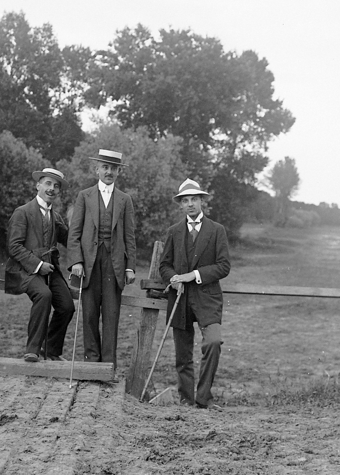 1918, Fortepan, free time, hat, excursion, men, moustache, walking cane, wooden bridge, sitting on a handrail, Fortepan #2777