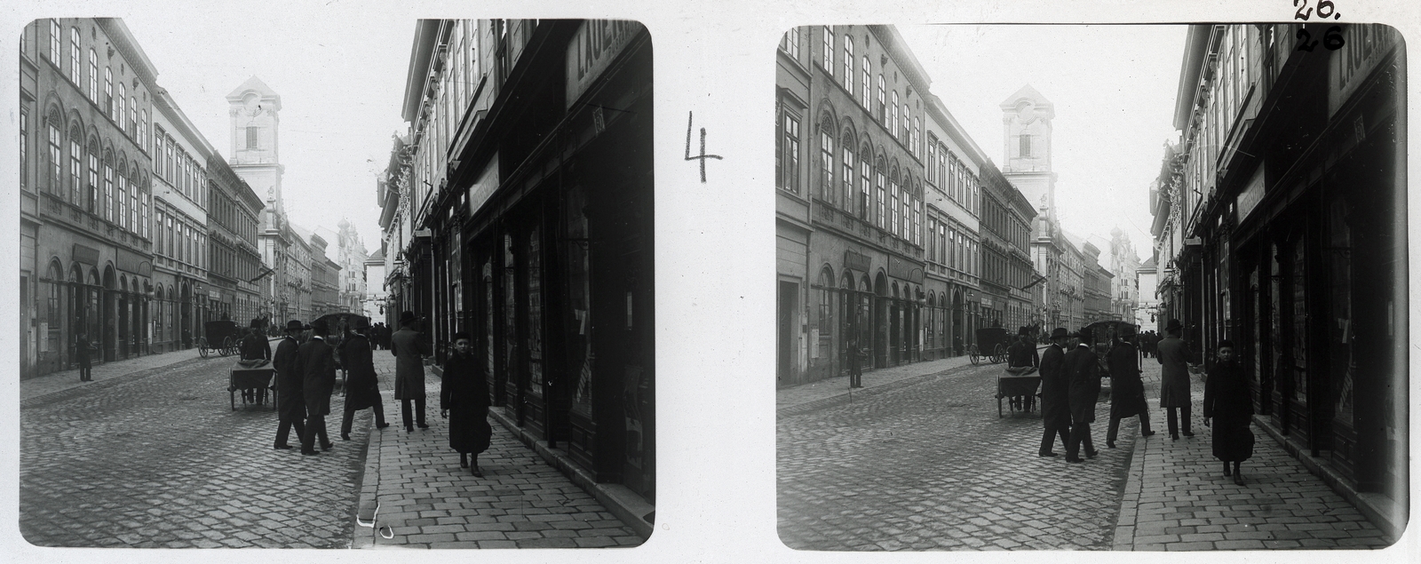 Hungary, Budapest V., Váci utca a Sörház utcától nézve, középen a Belvárosi Szent Mihály-templom (Angolkisasszonyok temploma)., 1905, Schoch Frigyes, hat, church, street view, Baroque-style, woman, Catholic Church, wheelbarrow, stereophoto, Budapest, Congregation of Jesus, Fortepan #27777