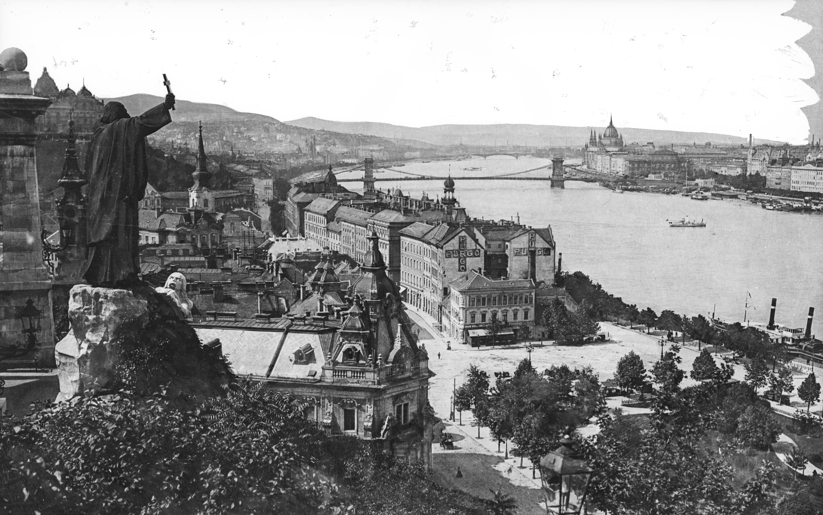 Hungary, Budapest I., kilátás a Szent Gellért emlékműtől a Széchenyi Lánchíd felé, előtérben a Döbrentei tér., 1910, Deutsche Fotothek / Brück und Sohn, Budapest, Fortepan #277860
