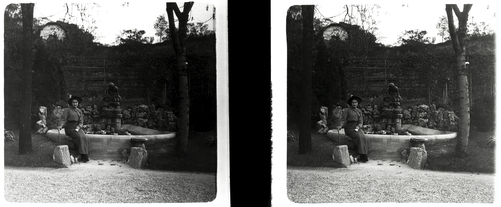 Hungary, Budapest I., kert a Bérc utcánál., 1913, Schoch Frigyes, portrait, hat, pool, sculpture, woman, stereophoto, Budapest, Fortepan #27790