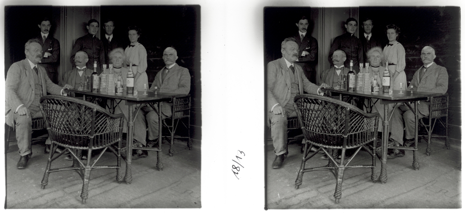 1915, Schoch Frigyes, wicker chair, tableau, drinking, stereophoto, wide sitting, Fortepan #27804