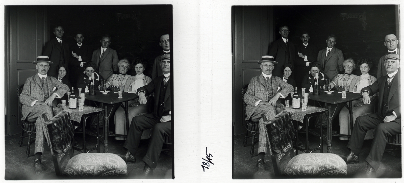 1915, Schoch Frigyes, free time, smoking, meal, tableau, drinking, stereophoto, prop up on elbows, leg over leg, Fortepan #27806