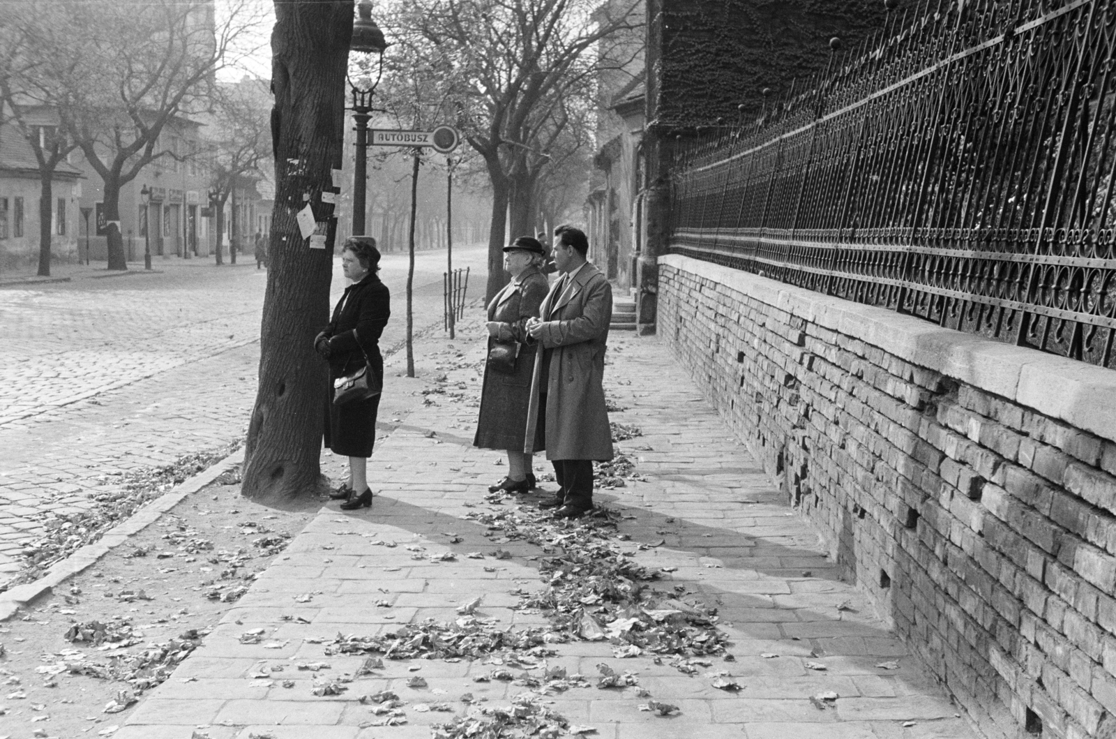 Hungary, Budapest II., Lajos utca 34., buszmegálló az Általános iskola előtt., 1955, Artfókusz, Best of, announcement, bus stop, fence, gas lamp, women, man, Budapest, Fortepan #278183