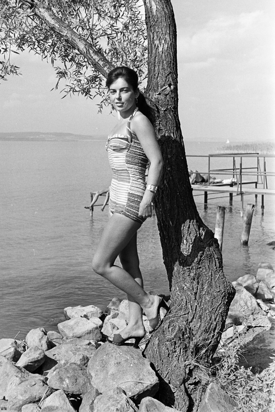 Hungary, Balatonboglár, Szentmihályi út 15., a felvétel a Fővárosi 1. sz. Építőipari Vállalat Üdülőjében készült., 1961, Artfókusz, bathing suit, posture, lady, Fortepan #278482